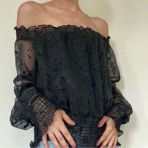 🌚Vintage 1990’s Chelsea Nites Glitter Black Lacy Off the Shoulder Sheer Top🌚
